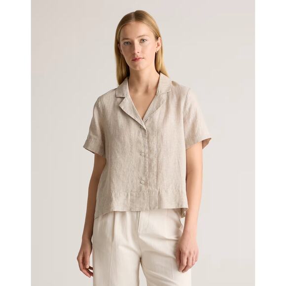 Quince Tops - Quince 100% European Linen Short Sleeve Shirt Large Tan Flax Button Down